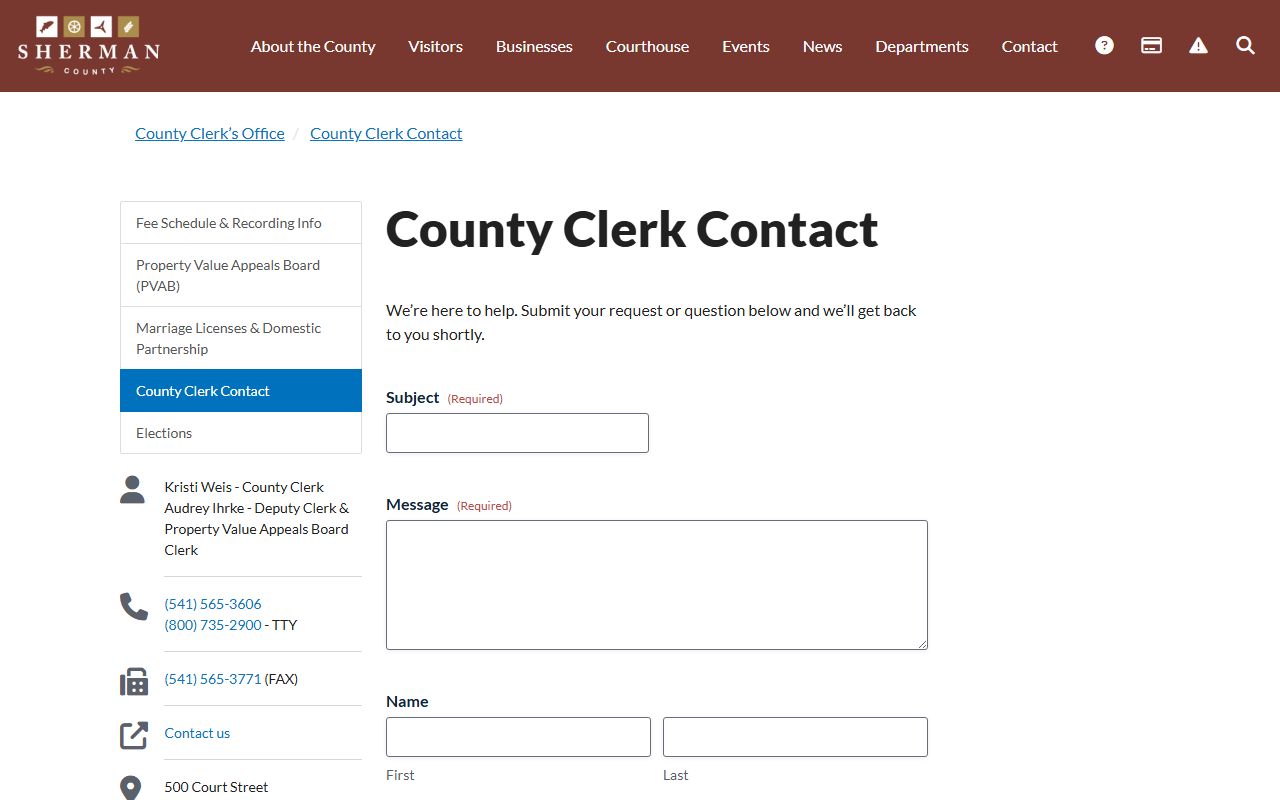 Sherman County County Clerk records contact form