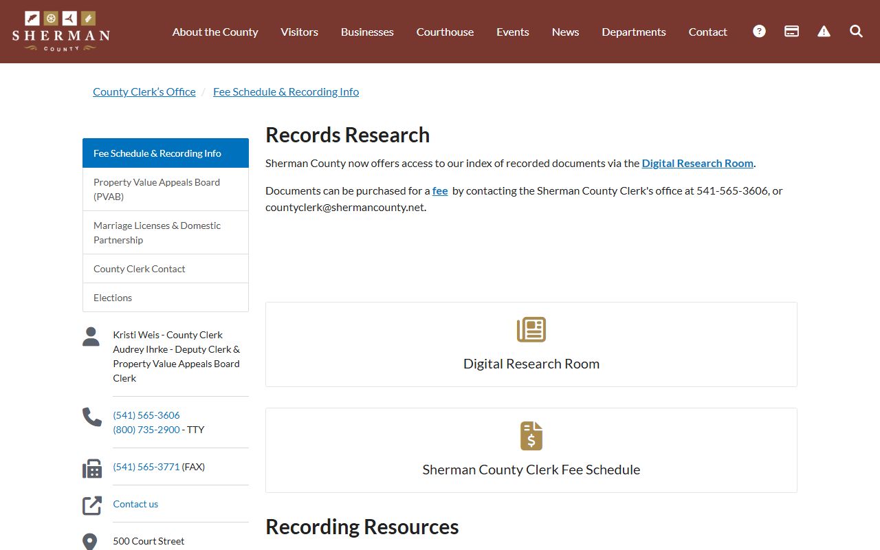 Sherman County County Clerk records fee and recording page