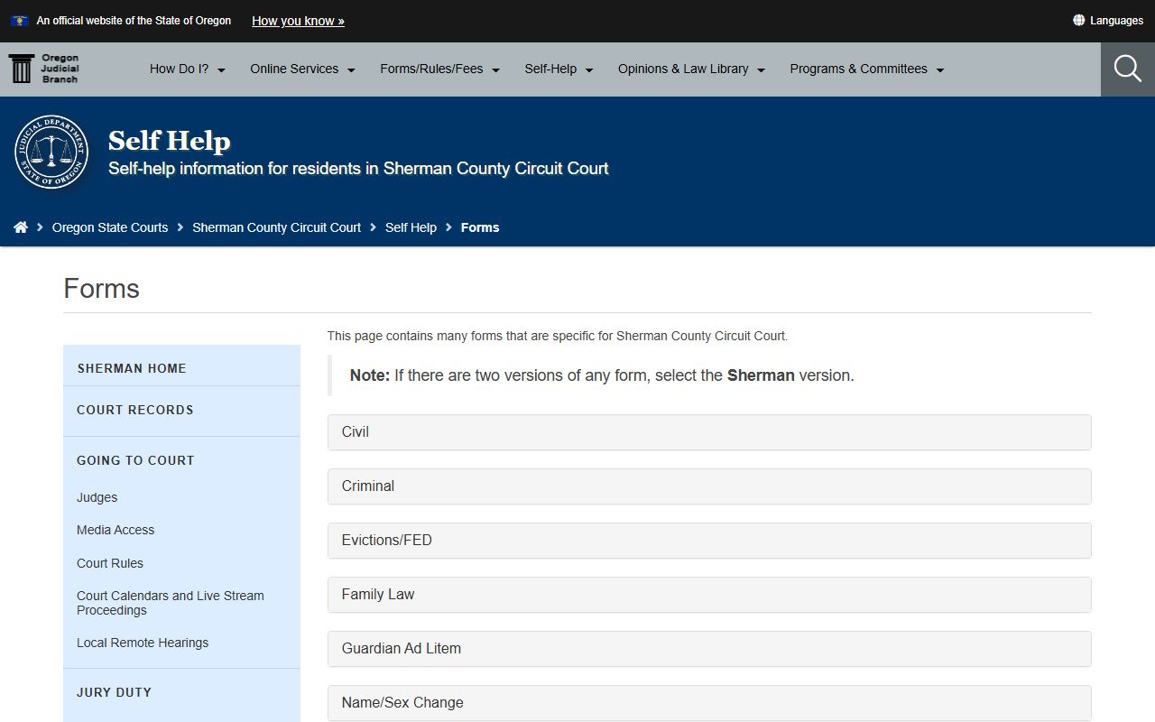 Sherman County court records Sherman Circuit Court forms