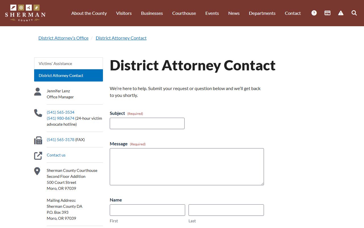 Sherman County criminal court records District Attorney contact