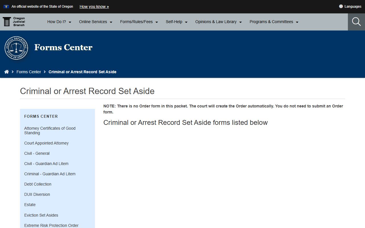 Sherman County criminal court records OJD set-aside forms