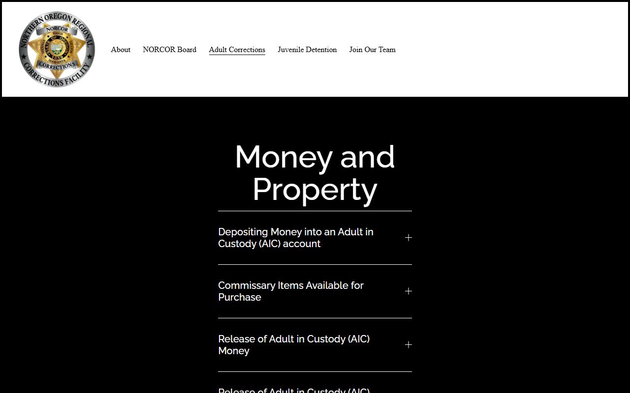 Sherman County inmate records NORCOR money and property rules