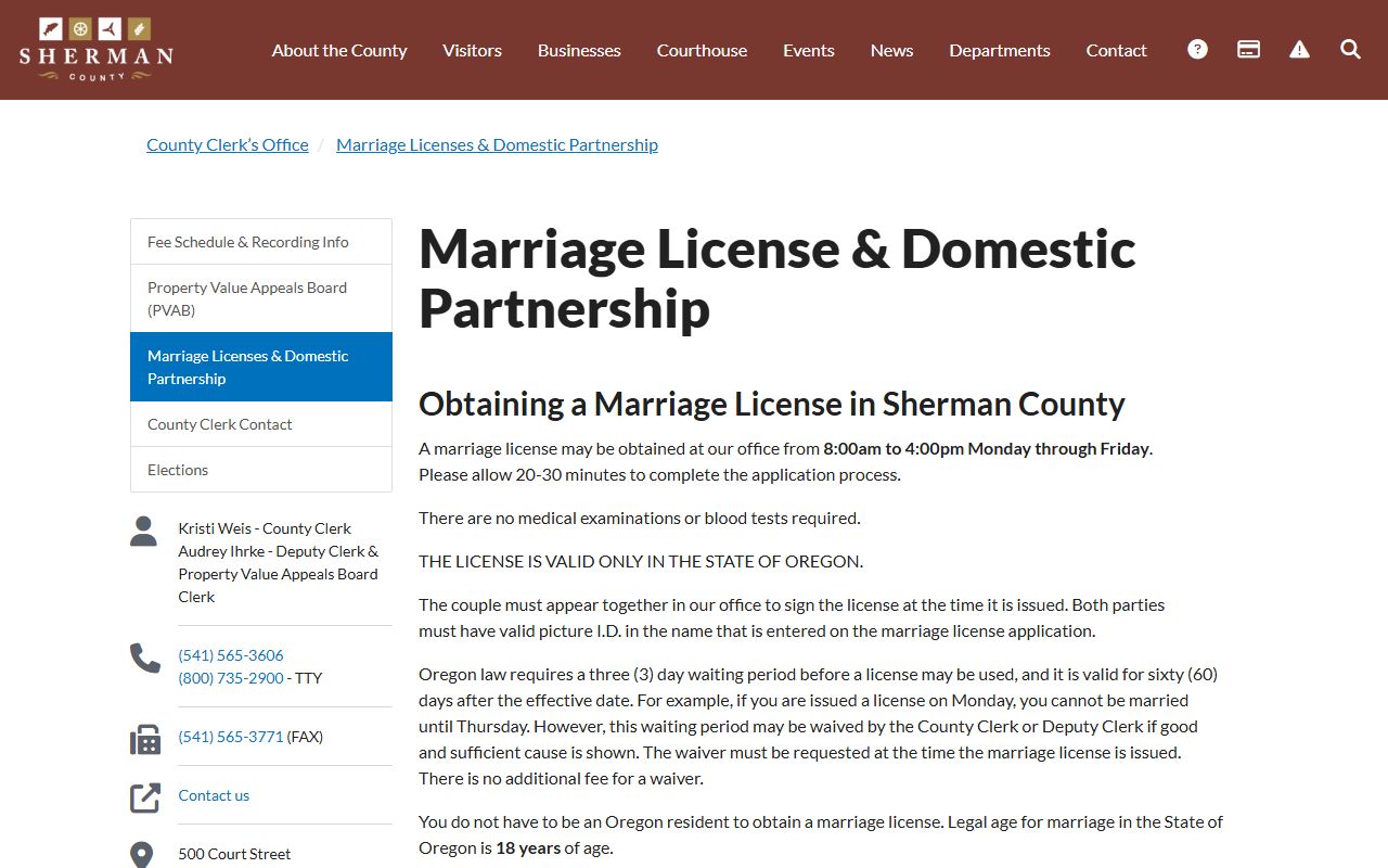 Sherman County marriage records marriage license requirements page