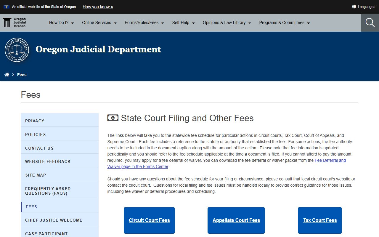 Sherman County probate records Oregon statewide court fee schedules