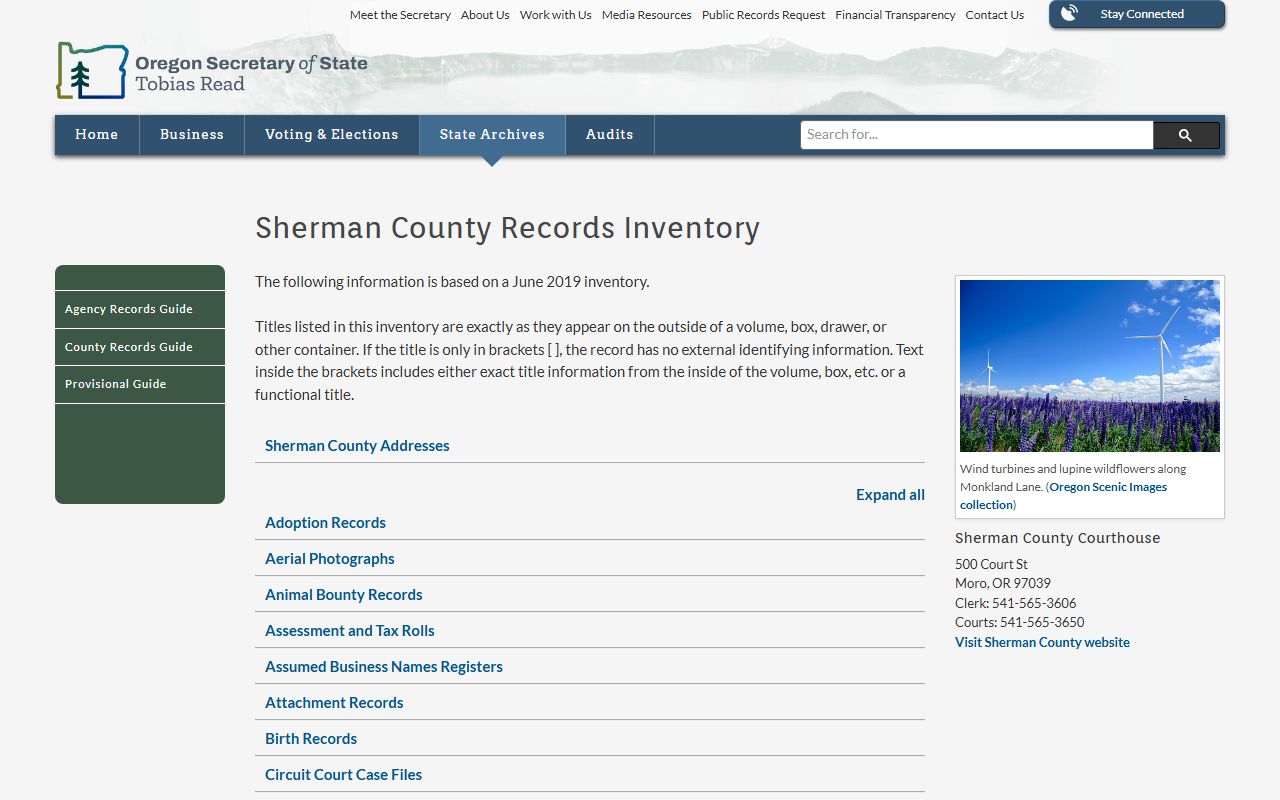 Sherman County probate records historical records inventory