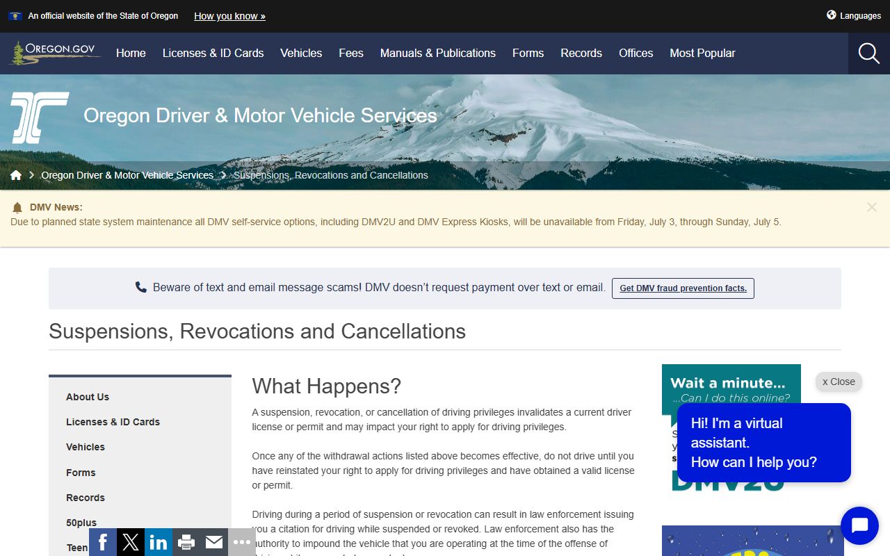 Sherman County traffic court records Oregon DMV suspension and revocation reasons