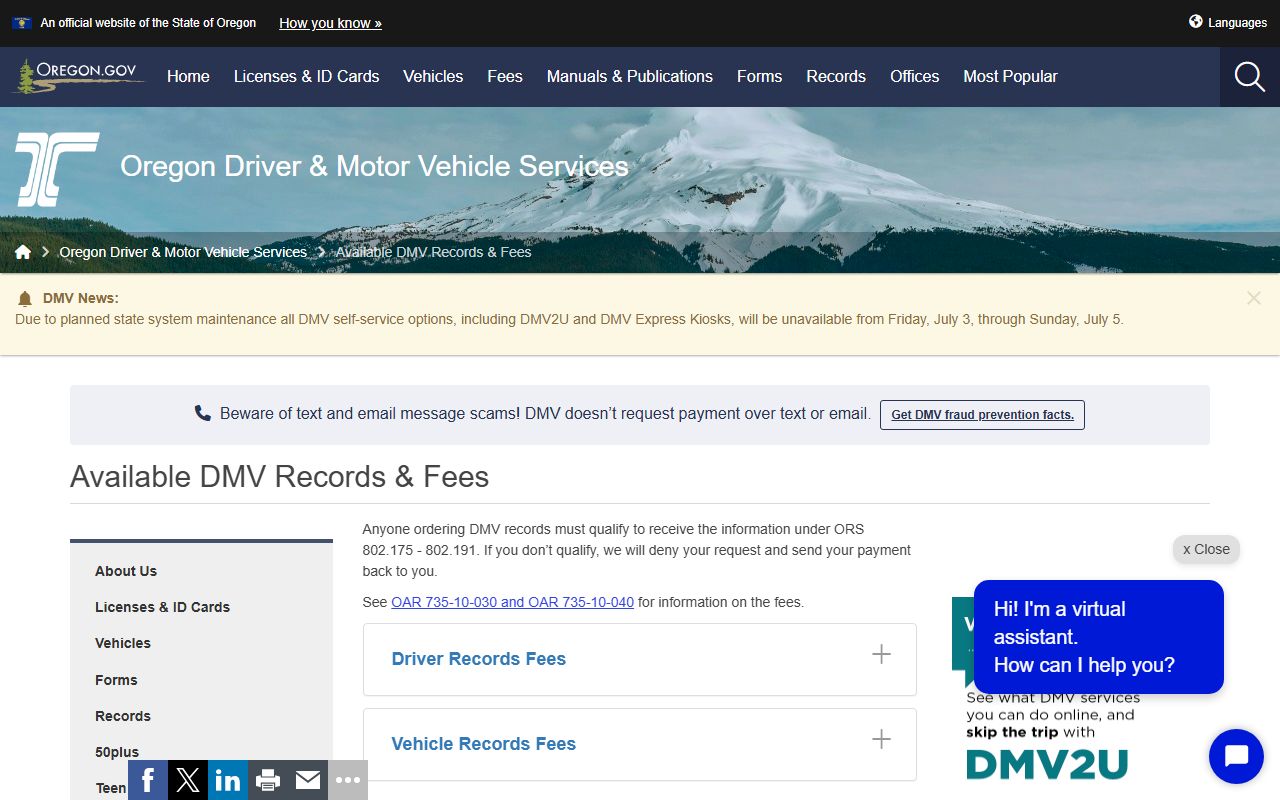 Sherman County traffic court records Oregon DMV available records and fees