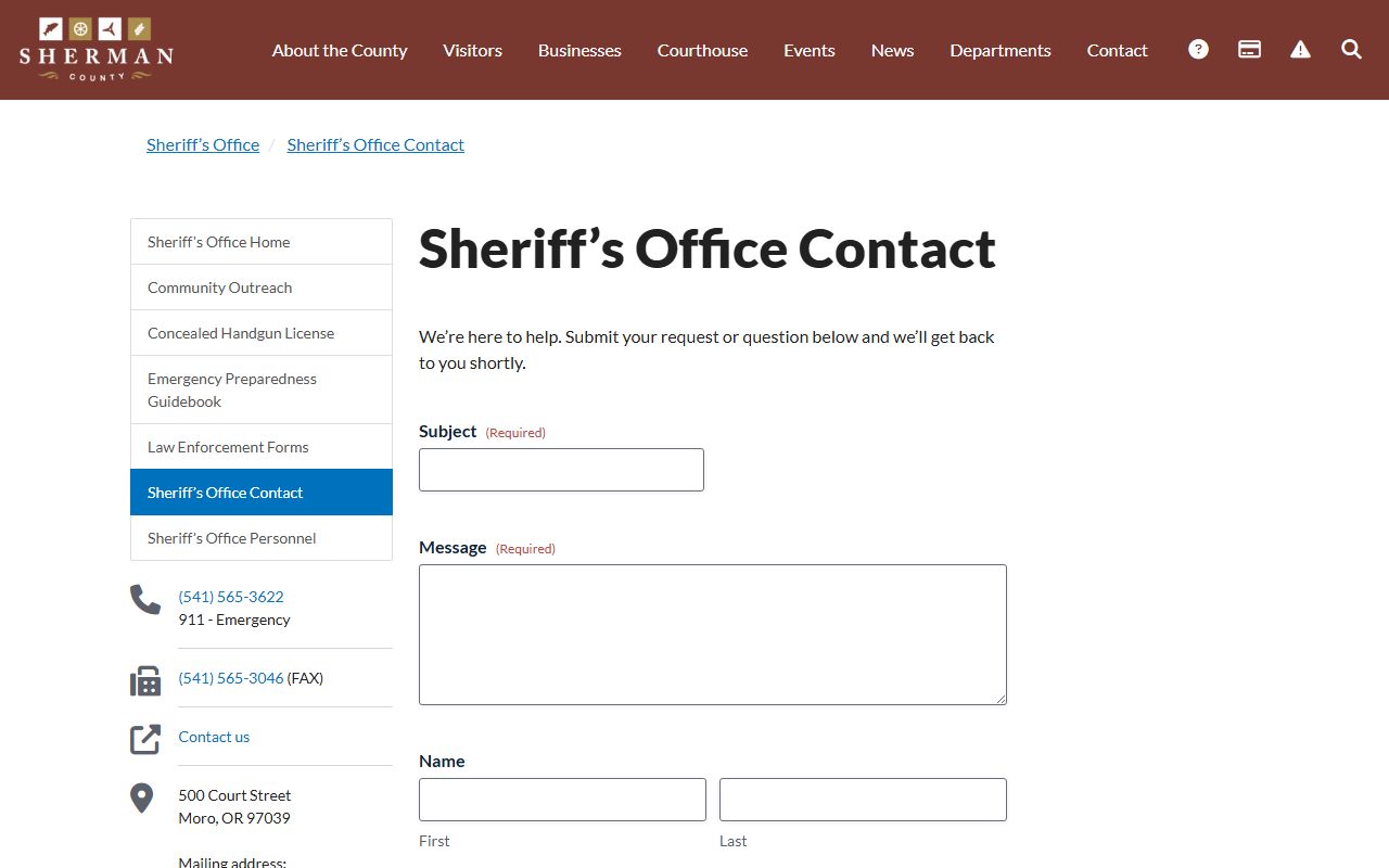 Sherman County warrant records sheriff contact page